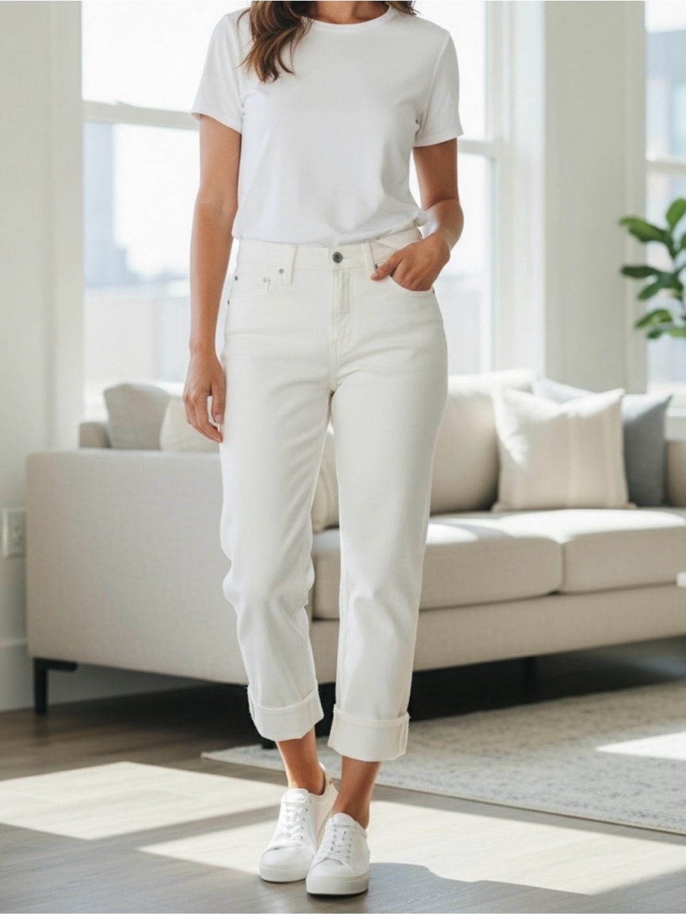 FRYE White Cuffed Cropped Jeans High Rise Straight Leg Denim size 4/27